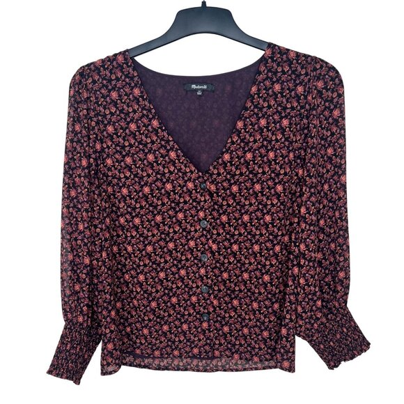 Madewell Orchard Floral Georgette Smocked-Cuff Button-Up Blouse Button-Front 12 - Picture 11 of 13